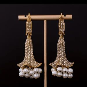 Gold and Pearl Floral Drop Earrings